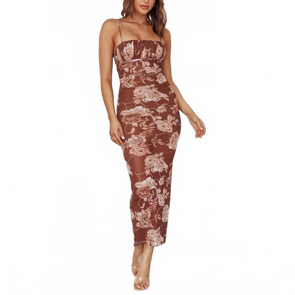 NEW SAINTS + SECRETS floral maxi dress in coffee